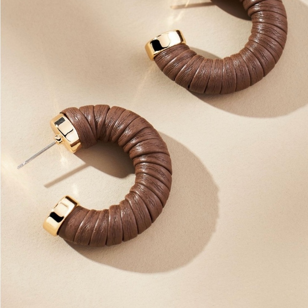 Anthropologie Faux Leather Brown and Gold Hoop Earrings